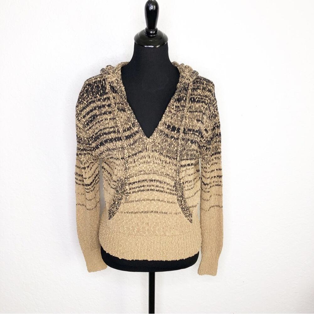 J Crew tan black striped knot knit hooded sweater size XXS